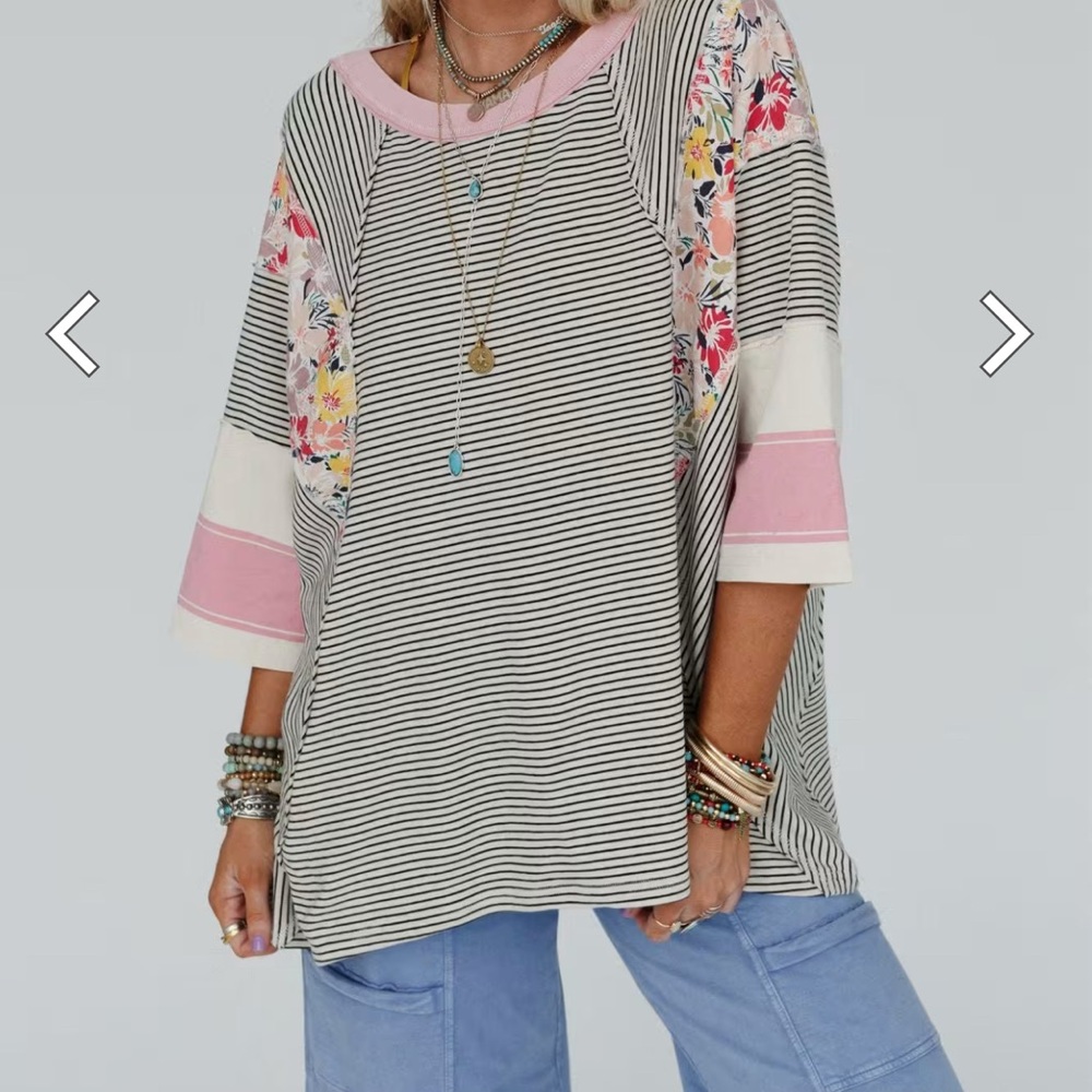 Three Bird Nest Pink and Black Striped Floral Top